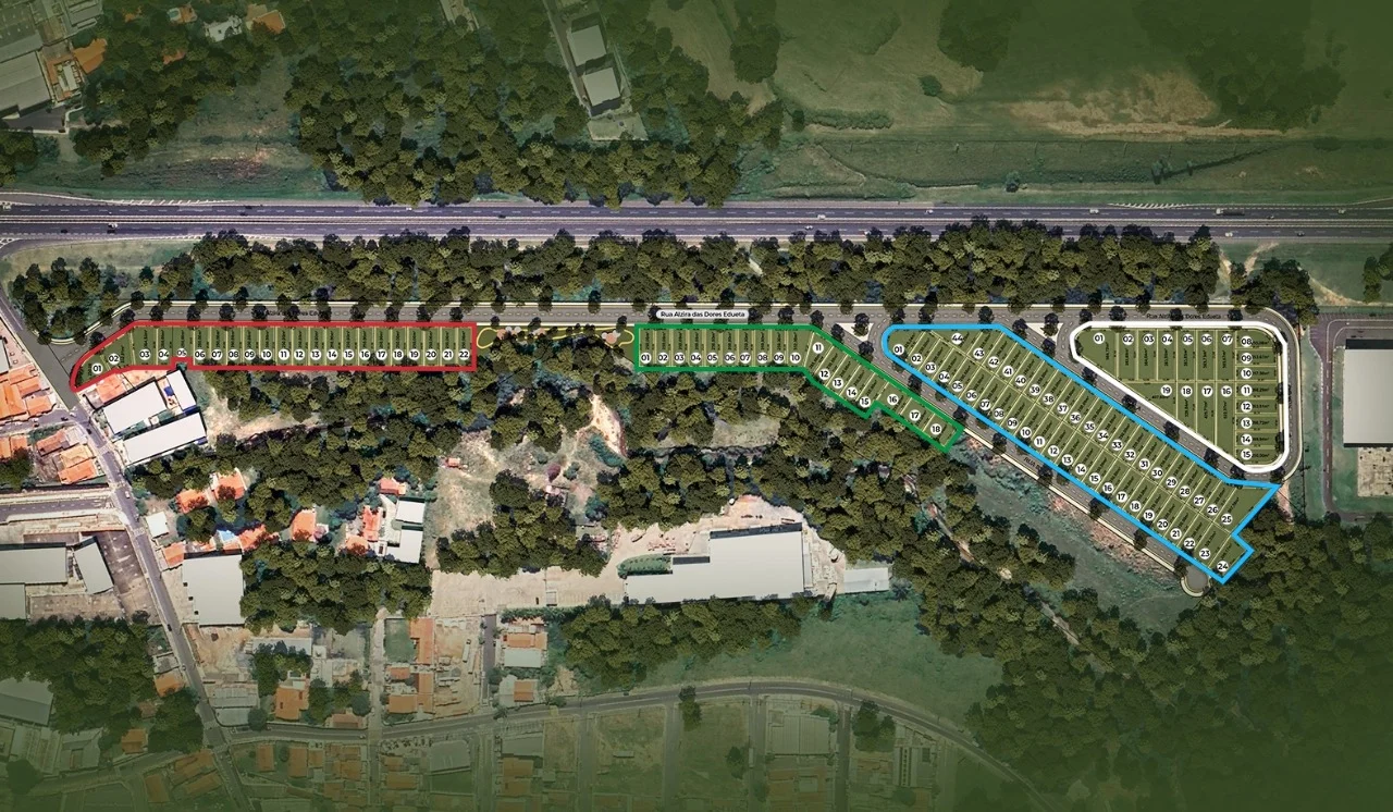 Planta de implantação do loteamento Turim — divisão dos lotes comerciais por quadra, Vinhedo SP